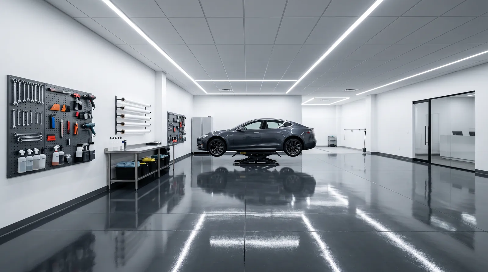 The Gusheshe Garage installation bay: polished floor, controlled lighting and a vehicle on a low-profile lift.